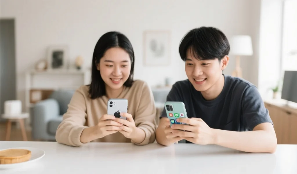 一个现代家庭场景，年轻人正在用两部手机分别操作iOS和Android安装应用，桌面干净明亮