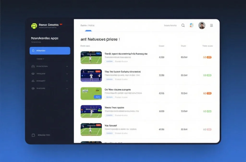 一个现代化体育资讯平台界面，显示网球赛事列表和新闻更新，界面简洁明快